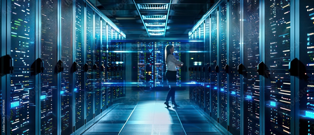 Poster data center, cloud scale resources up or down based on demand, optimizing the workforce with servers