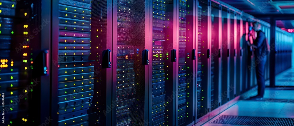 Poster data center, cloud scale resources up or down based on demand, optimizing the workforce with servers