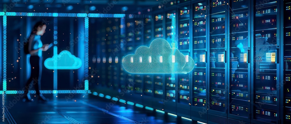 Poster data center, cloud scale resources up or down based on demand, optimizing the workforce with servers