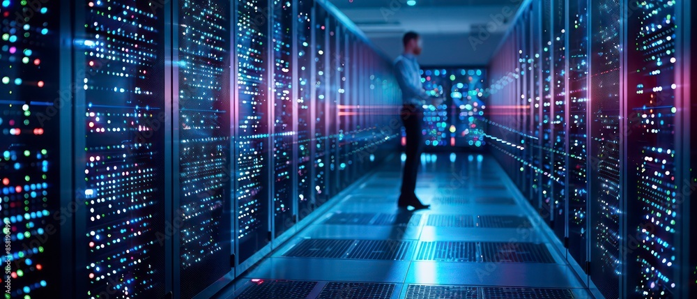 Poster data center, cloud scale resources up or down based on demand, optimizing the workforce with servers