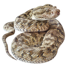 Obraz premium Coiled rattlesnake with intricate scales, ready to strike, isolated on white background. Perfect for wildlife and nature themes.
