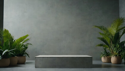CONCRETE STONE PODIUM WITH TROPICAL FOLIAGE
