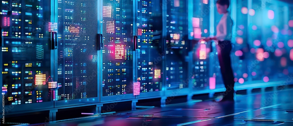 Poster data center, cloud scale resources up or down based on demand, optimizing the workforce with servers
