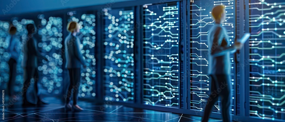 Poster data center, cloud scale resources up or down based on demand, optimizing the workforce with servers