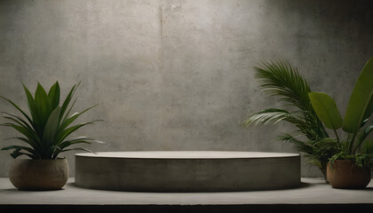 CONCRETE STONE PODIUM WITH TROPICAL FOLIAGE