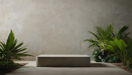 CONCRETE STONE PODIUM WITH TROPICAL FOLIAGE