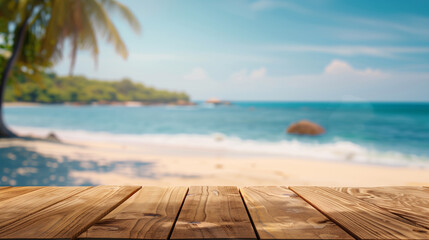 Obraz premium Empty wooden table with tropical beach background for montage or display your products, Beach product mockup concept.