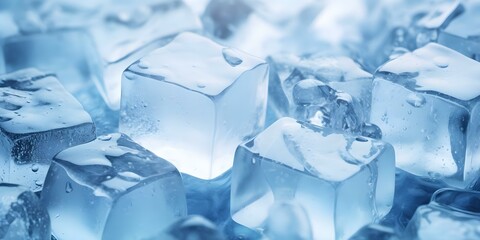Obraz premium Closeup of ice cubes with water droplets blurred bokeh background. Concept Closeup Photography, Macro Shots, Ice Cubes, Water Droplets, Bokeh Background