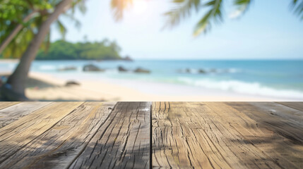 Empty wooden table with tropical beach background for montage or display your products, Beach product mockup concept.
