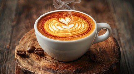 A detailed, realistic illustration of a steaming cup of coffee with latte art, set on a rustic wooden table, ideal for coffee shops and cafes. Illustration, Minimalism,