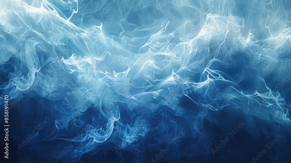 Poster an abstract background featuring a combination of blue waves, white light, and smoky elements, creat