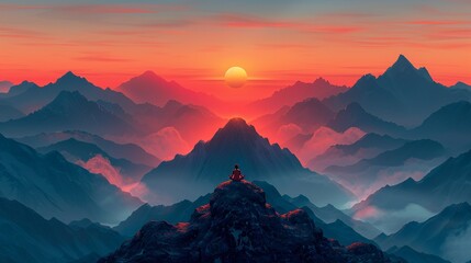 An inspiring, motivational illustration of a person meditating on a mountain peak, with a breathtaking sunrise in the background, symbolizing peace and mindfulness. Illustration, Minimalism,