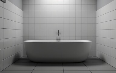 White Bathtub in a Modern Bathroom With Tile Walls