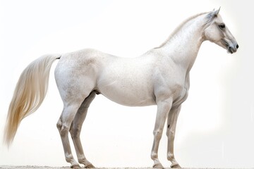the beside view Arabian Horse standing, left side view, white copy space on right isolated on white background