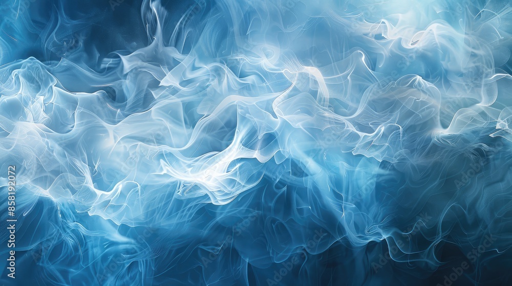 Poster an abstract background featuring a combination of blue waves, white light, and smoky elements, creat