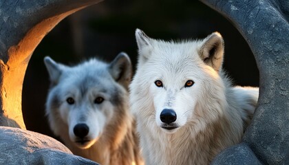 Obraz premium Arctic wolves live in Greenland, Alaska, Iceland, and Canada. But, these wolves live in caves and not dens like other types of wolves. Their short noses and small ears help to maintain their body heat