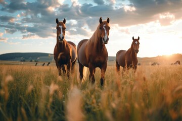 View from beside body of a three Arabian Horse standing on grass, Awe-inspiring, Full body shot ::2 low Angle View