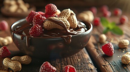 Peanuts chocolate icing and raspberries in bowl very detailed and realistic shape