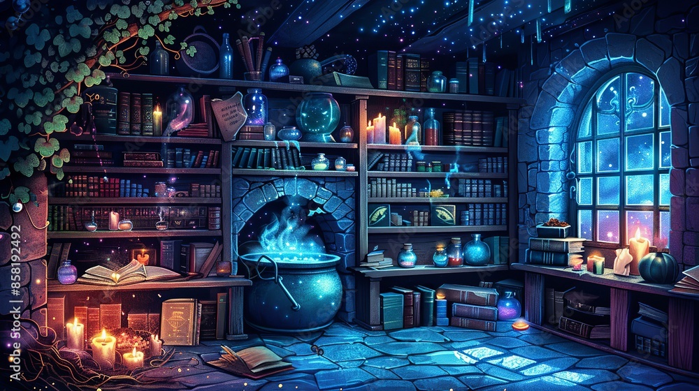 Wall mural a whimsical, magical illustration of a witch's potion shop, with bubbling cauldrons, spell books, an - Wall murals