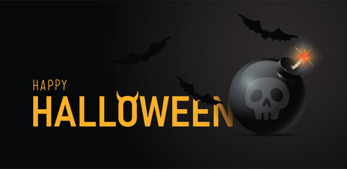 Halloween poster design for a party with flying bats and a bomb with the skull. Vector illustration.	