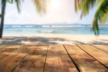 Fototapeta premium Empty wooden table with tropical beach background for montage or display your products, Beach product mockup concept.