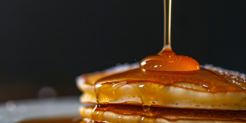 A drop of honey spreads over the pancake.Pancakes with syrup macro shot.