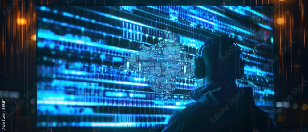 Poster abstract illustration of cyber security and artificial intelligence, with blue tones and network ele