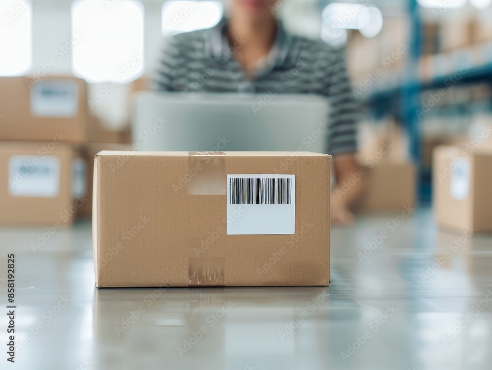 Poster precision in logistics operations: close-up of logistics coordinator scanning barcode on package in 