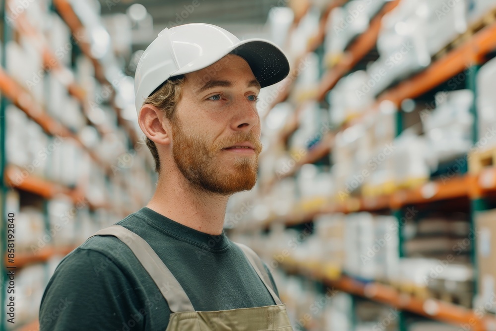 Poster efficient logistics coordinator checking inventory in minimalist warehouse setting