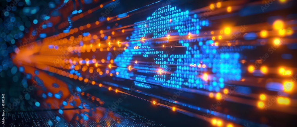 Poster abstract illustration of cyber security and artificial intelligence, with blue tones and network ele