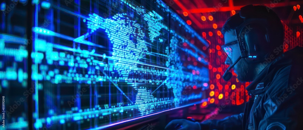 Poster abstract illustration of cyber security and artificial intelligence, with blue tones and network ele