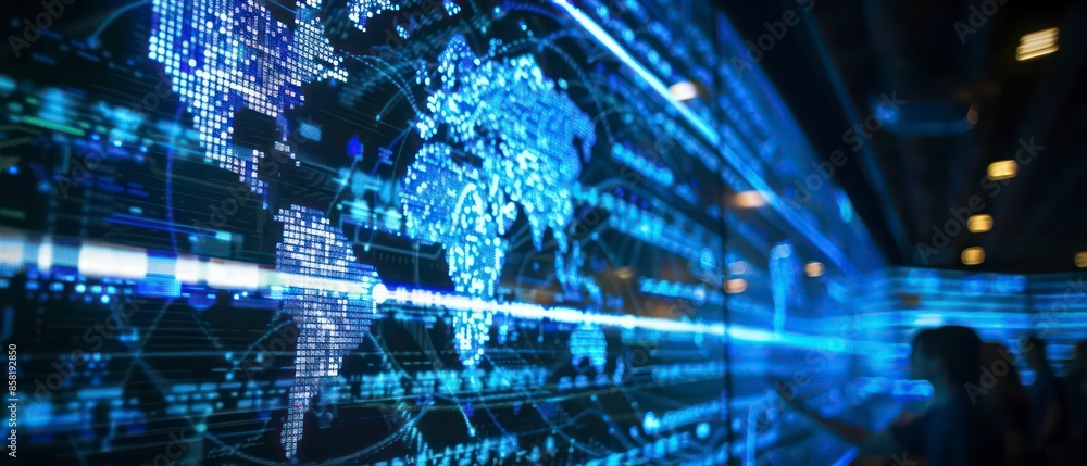 Poster abstract illustration of cyber security and artificial intelligence, with blue tones and network ele