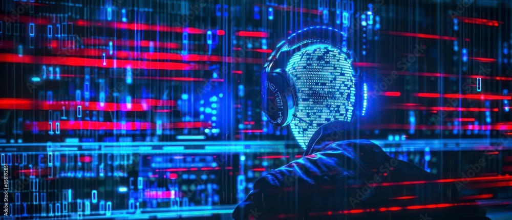 Poster abstract illustration of cyber security and artificial intelligence, with blue tones and network ele
