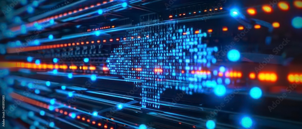 Poster abstract illustration of cyber security and artificial intelligence, with blue tones and network ele