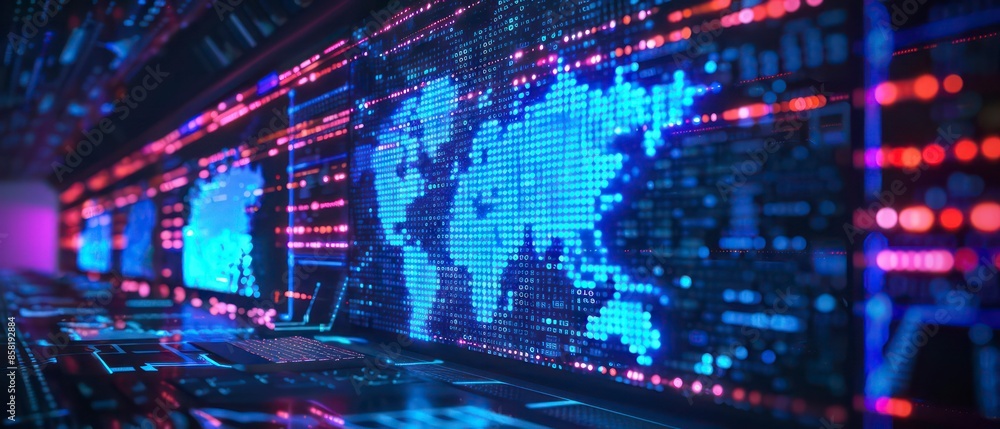 Poster abstract illustration of cyber security and artificial intelligence, with blue tones and network ele