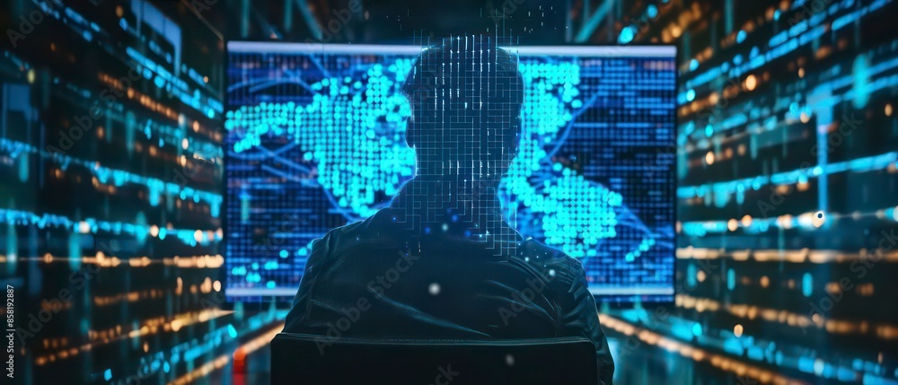 Poster abstract illustration of cyber security and artificial intelligence, with blue tones and network ele