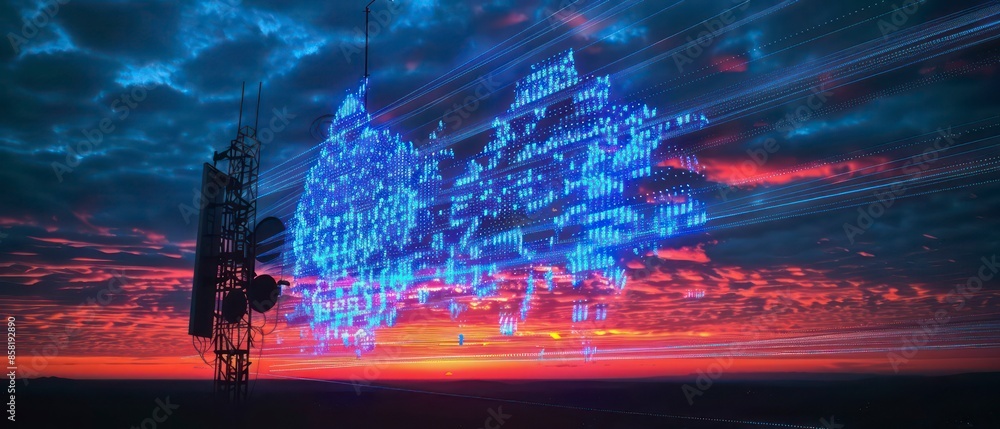 Poster abstract illustration of cyber security and artificial intelligence, with blue tones and network ele