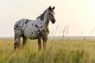 Fototapeta premium View from side body of a Appaloosa Horse standing on grass, Awe-inspiring, Full body shot ::2 Side Angle View