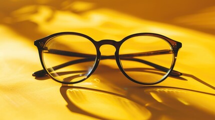 Anti glare coating filters out short wavelengths on eye glasses against yellowish brown background