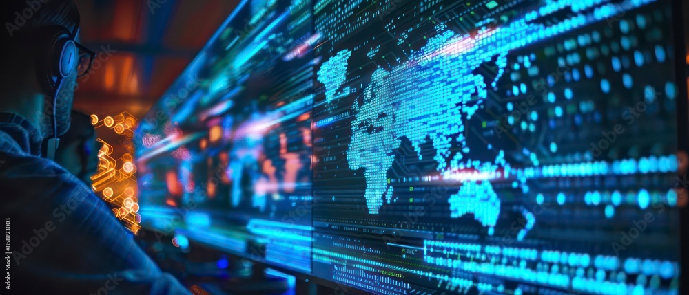 Poster abstract illustration of cyber security and artificial intelligence, with blue tones and network ele