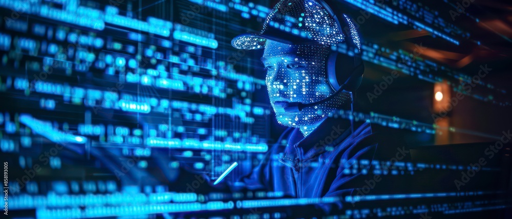 Poster abstract illustration of cyber security and artificial intelligence, with blue tones and network ele