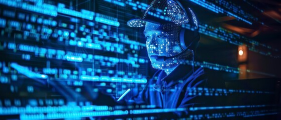 Obraz premium Abstract illustration of cyber security and artificial intelligence, with blue tones and network elements, emphasizing the role of technology in business and science