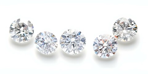 Five types of diamonds on a white background. Concept Round Cut, Princess Cut, Emerald Cut, Pear Cut, Marquise Cut