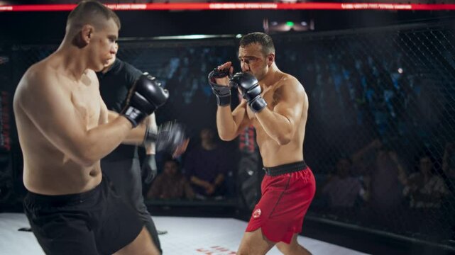 Mixed Martial Arts Match: Male MMA Opponents in Black and Red Shorts Fighting for the Belt Inside an Octagon. Fighters Exchanging Powerful Combinations of Jabs, Hooks and Kicks, Hurting Each Other