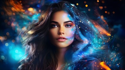 Fantasy abstract portrait of girl with digital paint splash on vibrant background. Generative AI