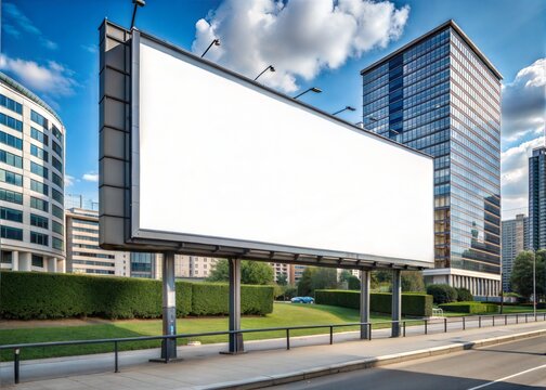 Horizontal billboard 6x3 meters in an urban environment. Three-quarter view from below.