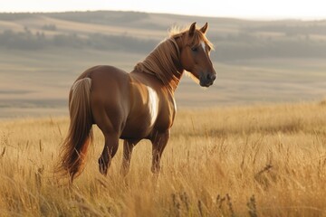 Naklejka premium View from side body of a three Quarter Horse standing on grass, Awe-inspiring, Full body shot ::2 Side Angle View