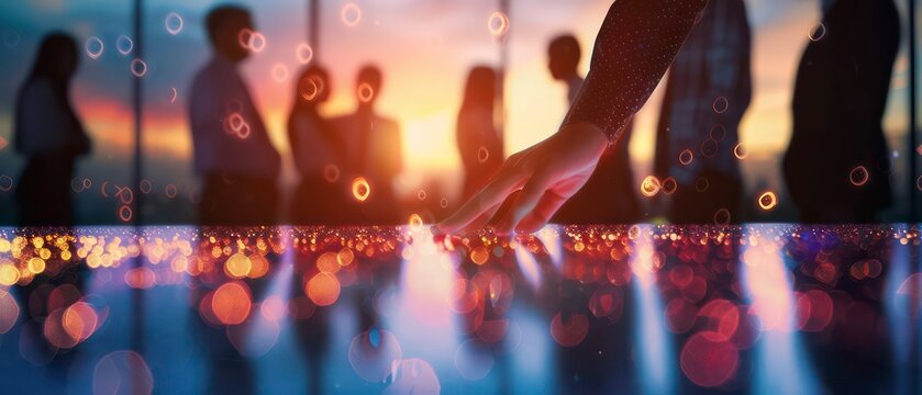 A diverse group of professionals walking together under a vibrant sunset, symbolizing teamwork and business success in an urban setting.
