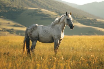 Obraz premium View from side body of a three Quarter Horse standing on grass, Awe-inspiring, Full body shot ::2 Side Angle View
