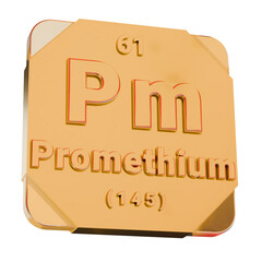 3D Golden Icon - Promethium (Pm) Element from Periodic Table